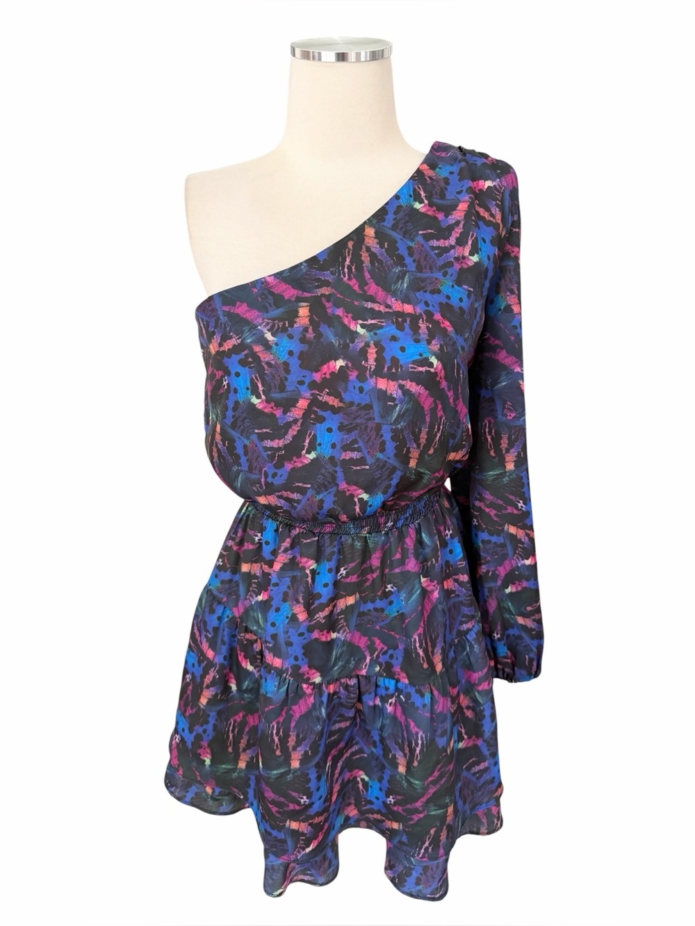 STEVE MADDEN One-Shoulder Multicolor Printed Mini Dress Sz S
